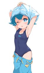 Rule 34 | 1girl, ;o, armpits, arms up, blue eyes, blue hair, blush, breasts, clothes pull, covered navel, creatures (company), game freak, garun wattanawessako, highres, hip focus, lana (pokemon), nintendo, one eye closed, open mouth, pants, pants pull, pokemon, pokemon (anime), pokemon sm, pokemon sm (anime), shirt, short hair, simple background, sleeveless, small breasts, solo, trial captain, undressing, white background