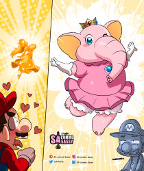 Rule 34 | 1boy, 1girl, absurdres, artist name, blue eyes, breasts, comic, constricted pupils, dress, elephant, elephant peach, facial hair, hat, highres, large breasts, mario, mario (series), mustache, nintendo, one eye closed, open mouth, patreon username, pink dress, princess peach, red headwear, sasa tseng, smile, super mario bros. wonder, tongue, tongue out, transformation, twitter username, wink, yellow background