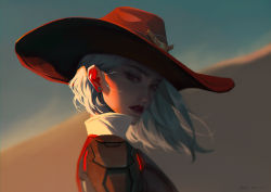 Rule 34 | 1girl, ashe (overwatch), ashes, c home, collared shirt, ear piercing, from side, hat, jewelry, lipstick, looking at viewer, makeup, overwatch, overwatch 1, piercing, red eyes, shirt, short hair, solo, sun hat, white hair