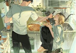 Rule 34 | 2boys, animal, atie1225, bag, barefoot, black cat, black hair, black pants, blonde hair, book, cat, chair, commentary, counter, cup, day, dish rack, drinking glass, facing up, feeding, food, from behind, frying pan, haikyuu!!, hands up, hanging plant, highres, holding, holding book, indoors, juice, kitchen, knees up, kozume kenma, kuroo tetsurou, looking at another, looking away, male focus, multicolored hair, multiple boys, note, open book, open mouth, outstretched arm, oversized clothes, pants, pie, plant, plastic bag, potted plant, reaching, shirt, short hair, short sleeves, sink, sitting, standing, stove, streaked hair, symbol-only commentary, t-shirt, table, tight clothes, tight shirt, two-tone hair, vines, water, white shirt, window