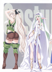 Rule 34 | 10s, 2girls, absurdres, asymmetrical clothes, blindfold, blonde hair, blush, boots, bow, breasts, character name, cloak, covered erect nipples, cropped, elf, full body, gloves, goblin slayer!, green eyes, green hair, green legwear, habit, hair between eyes, hair bow, high elf archer (goblin slayer!), high heels, highres, holding, kannatsuki noboru, large breasts, long hair, long sleeves, looking at viewer, multiple girls, nail polish, novel illustration, official art, open mouth, pointy ears, shorts, sideboob, sidelocks, small breasts, staff, standing, sword maiden, thighhighs, tongue