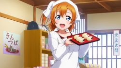 Rule 34 | 1girl, apron, artist name, artist request, back bow, blue eyes, blush, bow, breasts, check translation, commentary request, dress shirt, female focus, food, frilled apron, frills, hair between eyes, highres, holding, holding tray, indoors, kosaka honoka, long sleeves, looking at viewer, love live!, love live! school idol festival, love live! school idol festival all stars, love live! school idol project, orange hair, parted lips, puffy long sleeves, puffy sleeves, shirt, short hair, short ponytail, side ponytail, small breasts, smile, solo, translated, translation request, tray, upper body, white apron, white bow, window
