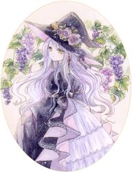 Rule 34 | 1girl, black dress, black hat, bow, commentary request, dress, earrings, flower, food, fruit, grapes, hat, hat flower, hat ornament, highres, jewelry, juliet sleeves, leaf, long hair, long sleeves, looking at viewer, looking back, nazumi shiho, original, painting (medium), pink flower, puffy sleeves, purple flower, purple hair, purple rose, ribbon, rose, round image, signature, skirt hold, solo, traditional media, watercolor (medium), wavy hair, white background, wide sleeves, witch, witch hat, yellow eyes