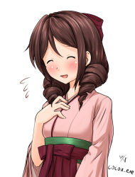 Rule 34 | 1girl, blush, bow, brown hair, cocoa (cocoa0191), dated, drill hair, closed eyes, hair bow, hakama, hakama skirt, hands on own chest, harukaze (kancolle), japanese clothes, kantai collection, kimono, meiji schoolgirl uniform, open mouth, pink kimono, red bow, red eyes, red hakama, simple background, skirt, smile, solo, twin drills, twitter username, upper body, white background