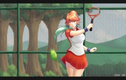 Rule 34 | 1girl, akkanen, alternate costume, alternate hairstyle, ball, breasts, chain-link fence, earrings, feather earrings, feathers, fence, gradient hair, headband, highres, holding, holding racket, hololive, hololive english, jewelry, medium breasts, multicolored hair, orange hair, playing sports, ponytail, purple eyes, racket, skirt, solo, sportswear, takanashi kiara, tennis, tennis ball, tennis court, tennis racket, tennis uniform, two-tone shirt, virtual youtuber