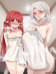 Rule 34 | 2girls, absurdres, after bathing, animal ears, bare shoulders, black nails, blush, breasts, collarbone, dolechan, dungeon and fighter, female mage (dungeon and fighter), grey hair, highres, large breasts, long hair, looking at viewer, medium breasts, multiple girls, nail polish, naked towel, parted lips, pointy ears, red eyes, red hair, seria kirmin, smile, steam, sweat, thick thighs, thigh gap, thighs, towel, twintails, very long hair, wet, wide hips