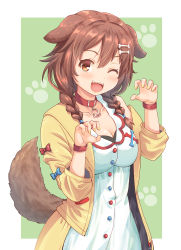 Rule 34 | 1girl, :3, :d, animal collar, animal ears, blue bow, blush, bone hair ornament, bow, bracelet, braid, breasts, brown eyes, brown hair, buttons, cartoon bone, choker, claw pose, cleavage, collar, collarbone, cowboy shot, dog ears, dog girl, dog tail, dress, fangs, fingernails, green background, hair between eyes, hair ornament, hairclip, haniwa (leaf garden), highres, hololive, inugami korone, inugami korone (1st costume), jacket, jewelry, long hair, looking at viewer, low twin braids, low twintails, medium breasts, nail polish, off-shoulder jacket, off shoulder, open mouth, paw print, paw print background, red bow, red choker, red collar, short dress, smile, solo, tail, twin braids, twintails, virtual youtuber, white dress, wristband, yellow jacket, yellow nails