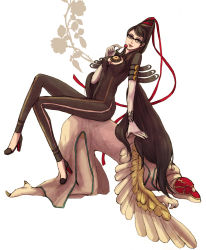 Rule 34 | 1girl, affinity (bayonetta), all fours, amulet, arm support, bad id, bad pixiv id, bayonetta, bayonetta (series), bayonetta 1, black hair, bodysuit, breasts, candy, cleavage, cleavage cutout, clothing cutout, crossed legs, earrings, elbow gloves, female focus, flower, food, glasses, gloves, grey eyes, hair bun, hair ribbon, high heels, highres, human chair, human furniture, jewelry, lollipop, long hair, medium breasts, mole, mole under mouth, monster, plant, red ribbon, ribbon, shoes, simple background, single hair bun, sitting, sitting on person, very long hair, wings, yperit, yperit212