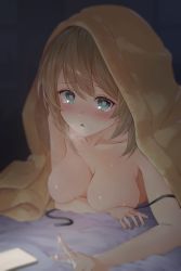 Rule 34 | 1girl, aogiri koukou, aqua eyes, blush, breasts, brown hair, cellphone, heart, heart-shaped pupils, highres, kkix25, kurikoma komaru, looking at viewer, lying, medium breasts, medium hair, on stomach, parted lips, phone, pussy juice, smartphone, solo, sticky fingers, symbol-shaped pupils, thighhighs, under covers, virtual youtuber
