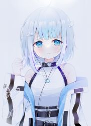 Rule 34 | 1girl, ahoge, amatsuka uto, bare shoulders, belt, belt buckle, black belt, blue eyes, blue hair, blush, breasts, buckle, butterfly ornament, closed mouth, cloud hair ornament, commentary, deyui, colored tips, earphones, english commentary, fidgeting, frown, furrowed brow, hair ornament, hairclip, heart o-ring, heart o-ring, highres, indie virtual youtuber, jacket, lens flare, light blue hair, multicolored hair, o-ring, o-ring belt, off shoulder, sad, shirt, short hair, shoulder strap, grey jacket, solo, two-tone hair, upper body, virtual youtuber, white shirt, wing hair ornament