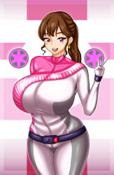 Rule 34 | 1girl, bakuage sentai boonboomger, bodysuit, breasts, brown hair, large breasts, no headwear, pin up, pink eyes, shifuto mira, super sentai, treezero