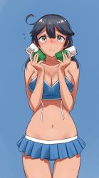 Rule 34 | 1girl, ahoge, bikini, bikini skirt, black hair, blue background, blue bikini, breasts, brown eyes, can to cheek, cleavage, commentary request, cowboy shot, kantai collection, long hair, looking at viewer, medium breasts, navel, parted lips, simple background, solo, standing, swimsuit, tamu (mad works), ushio (kancolle)