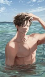 Rule 34 | 1boy, abs, absurdres, arm at side, arm up, beach, brown hair, fek zin, green eyes, grin, highres, korean commentary, looking at viewer, male focus, muscular, muscular male, ocean, original, outdoors, partially submerged, short hair, smile, solo, teeth, topless male, upper body, water