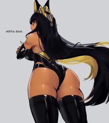 Rule 34 | ..., 1girl, animal ears, anput (nsfwolf), ass, back, backless leotard, black hair, blonde hair, breasts, brown eyes, commentary, cowboy shot, dark skin, dark-skinned female, elbow gloves, english commentary, english text, gloves, grey background, highres, jackal ears, large breasts, leotard, long hair, nsfwolf, original, simple background, solo, standing, thighhighs, very long hair