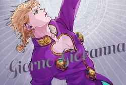 Rule 34 | 1boy, arm up, blonde hair, braid, brooch, cleavage cutout, clothing cutout, giorno giovanna, green hair, highres, jewelry, jojo no kimyou na bouken, parted lips, pectoral cleavage, pectorals, solo, vento aureo, yonchi