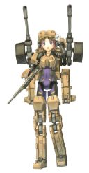 Rule 34 | 10s, 1girl, :d, blush, brown eyes, brown hair, busou shinki, cannon, fort bragg, full body, looking at viewer, machinery, mecha musume, mechanical arms, mechanical legs, open mouth, sabamu, simple background, single mechanical arm, smile, solo, standing, turret, white background