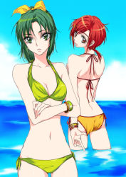 Rule 34 | 10s, 2girls, back, bikini, bracelet, breasts, crossed arms, green eyes, green hair, hino akane (smile precure!), jewelry, midorikawa nao, multiple girls, ocean, partially submerged, precure, red eyes, red hair, short hair, side-tie bikini bottom, smile precure!, swimsuit, tima, water