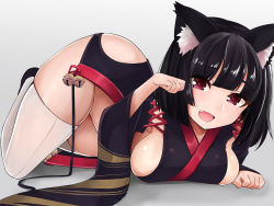 Rule 34 | 1girl, :d, animal ears, azur lane, bell, black hair, blunt bangs, breasts, cat ears, fang, full body, hip focus, hip vent, japanese clothes, jingle bell, kimono, large breasts, looking at viewer, lying, mask, mask on head, no panties, on stomach, open mouth, paw pose, red eyes, short hair, sideboob, sin (kami148), smile, solo, thighhighs, top-down bottom-up, white thighhighs, wide sleeves, yamashiro (azur lane)