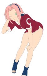 Rule 34 | absurdres, arm up, bent over, breasts, cleavage, closed mouth, dress, green eyes, hand in own hair, hand on knee, haruno sakura, headband, highres, naruto, naruto (series), ninja, no pants, one eye closed, pink hair, red dress, shoes, short hair, simple background, smile, smirk, wink, zipper
