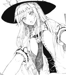 Rule 34 | 1girl, absurdres, boots, bow, dress, food, food-themed clothes, foreshortening, from below, fruit, greyscale, hat, highres, hinanawi tenshi, long hair, looking at viewer, looking down, millipen (medium), monochrome, neropaso, open mouth, outstretched arms, peach, short sleeves, simple background, solo, sword, touhou, traditional media, very long hair, weapon, white background, worried