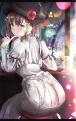 Rule 34 | 1girl, ass, bar (place), blush, bra visible through clothes, braid, breasts, brown hair, charlotte corday (fate), charlotte corday (third ascension) (fate), dress, fate/grand order, fate (series), from behind, garter belt, green eyes, hat, highres, juliet sleeves, large breasts, long sleeves, looking back, muni nuren, puffy sleeves, see-through, signature, smile, solo, stool, white dress