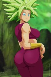 Rule 34 | 1girl, aqua eyes, ass, blurry, blurry background, blush, breasts, commentary, cowboy shot, crop top, dragon ball, dragon ball super, earrings, english commentary, green hair, green sky, jewelry, kefla (dragon ball), krabbytheartist, large breasts, legendary super saiyan, looking at viewer, looking back, midriff, outdoors, potara earrings, sky, smile, solo, spiked hair, super saiyan, toned