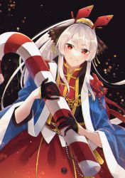 Rule 34 | 1girl, absurdres, alternate hairstyle, arknights, blush, candy, candy cane, cloak, closed mouth, food, gloves, hairband, highres, long hair, official alternate costume, ponytail, red eyes, s0batter, silver hair, solo, tassel, weedy (arknights), weedy (candy cape) (arknights)