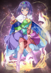 Rule 34 | aka tawashi, blue hair, boots, cape, cloak, cloud print, dress, hairband, highres, multicolored clothes, multicolored dress, multicolored hairband, orange sleeves, patchwork clothes, pink footwear, purple eyes, rainbow gradient, red button, short hair, sky print, tenkyuu chimata, touhou, two-sided cape, two-sided fabric, white cape, white cloak, yellow bag, yellow sleeves, zipper