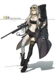 Rule 34 | 1girl, black choker, black footwear, black gloves, black legwear, black shorts, black tank top, blonde hair, blush, bolt action, boots, breasts, brown cloak, brown coat, cartridge, character name, choker, cleavage, cloak, closed mouth, coat, collarbone, email address, eye piercing, eyewear on head, fingerless gloves, girls&#039; frontline, gloves, gun, highres, holding, holding weapon, jewelry, long hair, looking at viewer, m24-sws (girls&#039; frontline) (ten cws), mechanical legs, medium breasts, mole, mole on breast, multicolored clothes, multicolored legwear, navel, necklace, original, purple eyes, remington model 700, rifle, shorts, single mechanical leg, sniper rifle, solo, standing, tank top, ten cws, twitter username, watch, weapon, weapon case, white background, white legwear