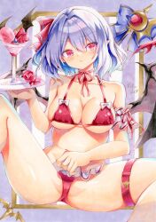 Rule 34 | 1girl, absurdres, alternate breast size, bare shoulders, bat wings, belt, bicep strap, bikini, blush, bow, breasts, clothes lift, collarbone, cup, drinking glass, feet out of frame, food, hair bow, hand up, highres, holding, holding tray, huyugiri luna, ice cream, ice cream cup, large breasts, leg belt, looking at viewer, marker (medium), miniskirt, neck ribbon, open mouth, purple hair, red belt, red bikini, red eyes, red ribbon, remilia scarlet, ribbon, short hair, signature, sitting, skirt, solo, spread legs, stomach, swimsuit, teeth, thigh belt, thigh strap, thighs, touhou, traditional media, tray, wavy hair, white bow, white skirt, wings