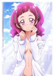 Rule 34 | 1girl, blush, breasts, cleavage, closed mouth, collarbone, dress shirt, groin, hair ornament, hanzou, highres, hugtto! precure, long hair, looking at viewer, naked shirt, navel, nono hana, off shoulder, open clothes, open shirt, pink eyes, precure, purple hair, shirt, small breasts, smile, solo, standing, upper body, white shirt