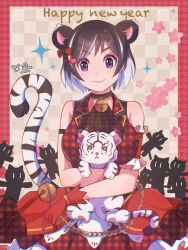 Rule 34 | 1girl, absurdres, animal, animal ears, anotherplus, armband, artist name, ascot, bare shoulders, bell, black armband, black ascot, black cat, black choker, black hair, bob cut, border, bow, breasts, cat, chain, checkered background, cherry blossoms, chinese zodiac, choker, closed mouth, commentary, dated, dress, dress bow, english text, film grain, hair bow, hair ornament, hairclip, hanekawa tsubasa, happy new year, highres, holding, holding animal, houndstooth, jingle bell, kako (monogatari), large breasts, looking at viewer, monogatari (series), multicolored hair, neck bell, nekomonogatari, new year, outside border, petticoat, pink lips, plaid, plaid bow, plaid dress, purple eyes, red armband, red border, red dress, short hair, signature, sitting, sleeveless, sleeveless dress, smile, solo, straight-on, streaked hair, tail, tail raised, tiger, tiger cub, tiger ears, tiger girl, tiger tail, two-tone hair, v-shaped eyebrows, white hair, white tiger, year of the tiger, yellow eyes