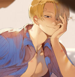 Rule 34 | 1boy, blonde hair, blue shirt, cigarette, closed mouth, collared shirt, hair over one eye, holding, holding cigarette, large pectorals, male focus, muscular, muscular male, one piece, open clothes, open shirt, pectorals, runa (nori31291404), sanji (one piece), shirt, short hair, smile, solo