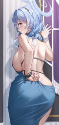 Rule 34 | 1girl, absurdres, adjusting clothes, adjusting dress, ako (blue archive), ako (dress) (blue archive), arm behind back, ass, backless dress, backless outfit, bare back, blue archive, blue dress, blue eyes, blue hair, blush, bracelet, breasts, broken, broken chain, butt crack, chain, closed mouth, cuffs, dress, drop shadow, earrings, from behind, hairband, halo, hand on wall, highres, jewelry, large breasts, leaning forward, looking back, mohaka (m 0haka), multiple bracelets, purple nails, shackles, shoulder blades, sideboob, sideless dress, sideways mouth, solo, tearing up, tears