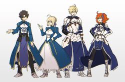 Rule 34 | 2boys, 2girls, adapted costume, armored boots, arthur pendragon (fate), arthur pendragon (fate) (cosplay), artoria pendragon (all), artoria pendragon (fate), belt, black hair, blonde hair, boots, cosplay, fate/grand order, fate/prototype, fate/stay night, fate (series), fujimaru ritsuka (female), fujimaru ritsuka (male), full body, gradient background, grey background, kaworu (kaw lov), looking at another, multiple boys, multiple girls, one side up, orange hair, pants, pantyhose, pelvic curtain, saber (fate), saber (fate) (cosplay), simple background