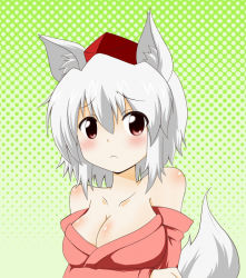 Rule 34 | 1girl, animal ears, bad id, bad pixiv id, bare shoulders, blush, breasts, cleavage, female focus, hat, inubashiri momiji, japanese clothes, kimono, large breasts, off shoulder, poco (pocoyb), pocoyb, red eyes, short hair, silver hair, solo, tail, tokin hat, touhou, upper body, wolf ears, wolf tail