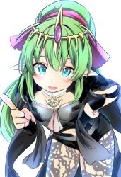 Rule 34 | 1girl, armor, byleth (female) (fire emblem), byleth (female) (fire emblem) (cosplay), byleth (fire emblem), clothing cutout, cosplay, fire emblem, fire emblem: mystery of the emblem, fire emblem: three houses, green eyes, green hair, hahe, highres, leaning forward, long hair, navel cutout, nintendo, open mouth, pantyhose, pointy ears, ponytail, short shorts, shorts, solo, tiara, tiki (fire emblem), tiki (young) (fire emblem)
