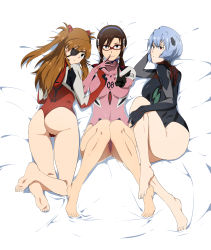 Rule 34 | 3girls, absurdres, ass, ayanami rei, barefoot, blue eyes, blue hair, brown hair, eyepatch, finger to face, highres, hukii, interface headset, leotard, long hair, looking at viewer, lying, makinami mari illustrious, multiple girls, neon genesis evangelion, on back, on side, on stomach, pilot suit, plugsuit, rebuild of evangelion, red-framed eyewear, short hair, smile, soles, souryuu asuka langley, thighs, toes, twintails, v, wide hips
