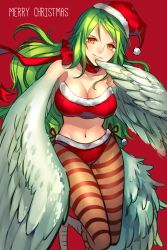 Rule 34 | 1girl, bikini, camisole, christmas, donquixote pirates, green hair, harpy, hat, highres, merry christmas, monet (one piece), monster girl, one piece, pantyhose, patterned legwear, red background, red bikini, sanme, santa hat, strapless, strapless bikini, striped clothes, striped legwear, striped pantyhose, swimsuit, winged arms, wings