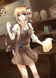 Rule 34 | 1girl, :d, alcohol, apron, bad id, bad pixiv id, barrel, beer, beer mug, blonde hair, blue eyes, case, cup, flower, glass, long hair, looking at viewer, mug, open mouth, original, smile, solo, table, taletale, waitress