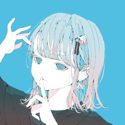 Rule 34 | 1girl, absurdres, black shirt, blue background, blue eyes, blue hair, blunt bangs, bob cut, closed mouth, commentary request, earrings, finger to mouth, flower, flower earrings, flower in eye, gradient hair, hair flower, hair ornament, hand up, highres, index finger raised, jewelry, light smile, looking at viewer, multicolored hair, no pupils, nocopyrightgirl, original, pale skin, portrait, red hair, shirt, short sleeves, solo, symbol in eye