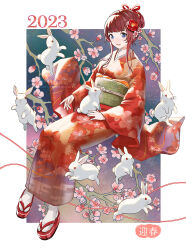 Rule 34 | 1girl, 2023, branch, cherry blossoms, chinese commentary, chinese zodiac, commentary request, crane print, floral print, flower, full body, geta, green sash, hair bun, hair flower, hair ornament, hair ribbon, highres, japanese clothes, kimono, long sleeves, looking at viewer, obi, okobo, open mouth, original, pink flower, red eyes, red flower, red footwear, red hair, red kimono, red ribbon, ribbon, sandals, sash, short hair, short hair with long locks, single hair bun, sitting, smile, socks, solid circle eyes, solo, tabi, takenoko (531), white background, white rabbit (animal), white socks, wide sleeves, year of the rabbit, yukata