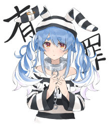 Rule 34 | 1girl, absurdres, animal ears, blue hair, blush, breasts, chain, closed mouth, collar, commentary, crying, crying with eyes open, eyelashes, hair between eyes, hat, highres, hololive, light blue hair, long hair, looking at viewer, multicolored hair, off-shoulder shirt, off shoulder, official alternate costume, prison clothes, rabbit ears, red eyes, runsuke 5437, shirt, simple background, small breasts, solo, streaked hair, striped clothes, striped headwear, striped shirt, symbol-shaped pupils, tareme, tears, thick eyebrows, translated, twintails, two-tone hair, upper body, usada pekora, usada pekora (prisoner), virtual youtuber, white background, white hair