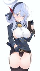 Rule 34 | 1girl, ako (blue archive), bell, belt, black panties, black skirt, black thighhighs, blue archive, blue eyes, blue gloves, blue hair, blue jacket, blush, breasts, buttons, cameltoe, cleft of venus, clipboard, clothes lift, collar, cowboy shot, cuffs, double-breasted, earrings, framed breasts, garter straps, gloves, groin, gun, hairband, half gloves, halo, handgun, highres, holding, holding clipboard, jacket, jewelry, large breasts, lifted by self, long hair, long sleeves, looking at viewer, luger p08, miniskirt, natsume yochiki, neck bell, open mouth, panties, pussy, shirt, sideboob, skirt, skirt lift, solo, stud earrings, thighhighs, underwear, weapon, white shirt