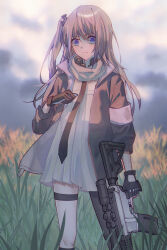 Rule 34 | 1girl, absurdres, ar-15, asymmetrical gloves, black gloves, black jacket, black necktie, black thighhighs, blue eyes, chinese commentary, closed mouth, cloud, cloudy sky, commentary request, cowboy shot, dress, eyebrows hidden by hair, fingerless gloves, girls&#039; frontline, gloves, grass, gun, hand up, highres, holding, holding gun, holding weapon, jacket, long hair, looking at viewer, mismatched gloves, multicolored hair, necktie, one side up, open clothes, open jacket, pink armband, pink hair, purple hair, rifle, scope, single thighhigh, sky, solo, st ar-15 (girls&#039; frontline), streaked hair, thigh strap, thighhighs, trigger discipline, weapon, white dress, wu chengyi3999