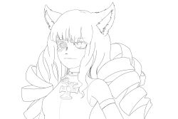 Rule 34 | 1girl, animal ears, bare shoulders, cat ears, closed mouth, collar, highres, indioweeaboo, long hair, mechanical parts, red eyes, red hair, self-upload, sketch, smile, stella hoshii, va-11 hall-a, white background