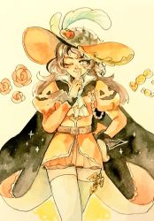 Rule 34 | 1girl, brown hair, candy, cape, finger to mouth, flower, food, grey eyes, hand on own hip, hat, hat feather, mani (rokyujuusan), miniskirt, one eye closed, original, painting (medium), pleated skirt, puffy sleeves, rose, skirt, smile, solo, thighhighs, traditional media, watercolor (medium), zettai ryouiki