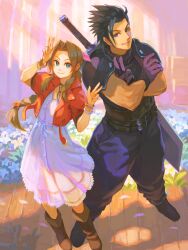 Rule 34 | 1boy, 1girl, aerith gainsborough, armor, baggy pants, bangle, black gloves, black hair, blue eyes, boots, bracelet, braid, braided ponytail, brown footwear, brown hair, buster sword, church, closed mouth, commentary request, crossed arms, dress, final fantasy, final fantasy vii, final fantasy vii rebirth, final fantasy vii remake, flower, full body, gloves, green eyes, hands up, heart ribbon, highres, indoors, jacket, jewelry, long hair, looking at viewer, naritate zombie, open clothes, open jacket, pants, parted lips, pink dress, pink ribbon, red jacket, ribbon, shoulder armor, sleeveless, sleeveless turtleneck, smile, spiked hair, standing, sweater, sword, turtleneck, turtleneck sweater, v, weapon, weapon on back, zack fair