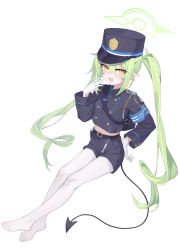 Rule 34 | 1girl, :d, absurdres, armband, belt, black belt, black hat, black jacket, black shorts, blue archive, blue armband, demon tail, full body, gloves, green hair, green halo, hair between eyes, halo, hat, nozomi (blue archive), highres, jacket, long hair, long sleeves, looking at viewer, midriff, navel, nozomi (blue archive), open mouth, pantyhose, shorts, smile, solo, tail, twintails, white gloves, white pantyhose, yellow eyes, yume (454565427)