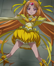 Rule 34 | 10s, 1girl, boots, bow, brooch, bubble skirt, capelet, choker, cure muse, cure muse (yellow), dress, earrings, frilled dress, frilled skirt, frilled sleeves, frills, hair bow, hair ornament, haruyama kazunori, heart, jewelry, knee boots, legs, long hair, magical girl, orange hair, outstretched arms, petticoat, pink eyes, precure, ribbon, shirabe ako, skirt, solo, spread arms, spread legs, suite precure, tears, very long hair, yellow dress, yellow ribbon, yellow skirt